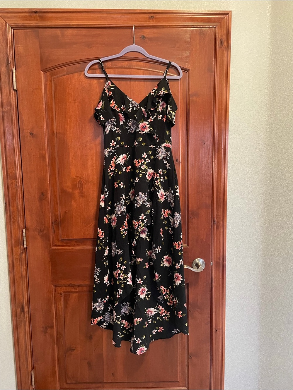 Black Floral Midi Slip Dress with Spaghetti Straps